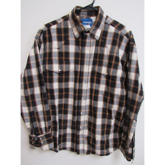 Wrangler Other - Wrangler Mens Western Shirt Large Plaid Pearl Snap Long Sleeve Black Brown